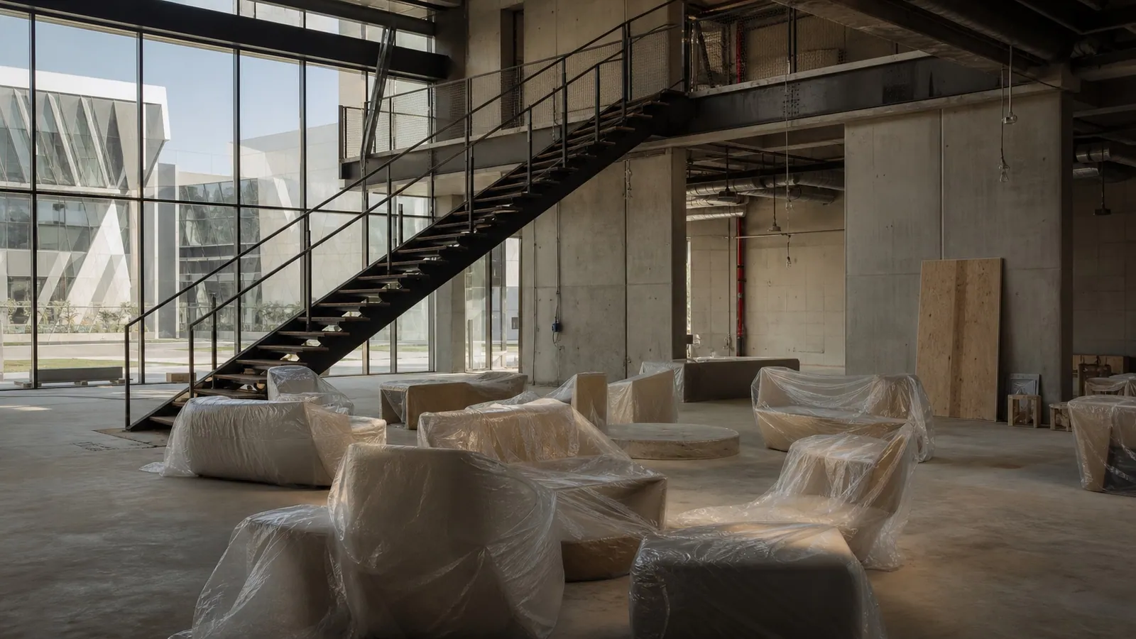 Modern creative office fit-out in progress inside a Dubai Design District building