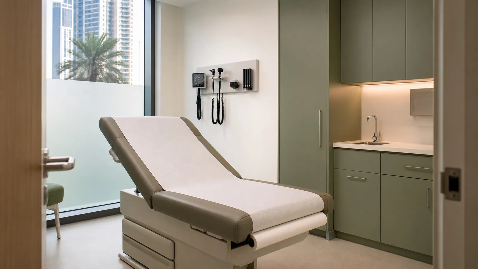 Newly fitted medical clinic consultation room in Dubai with examination bed and clinical finishes