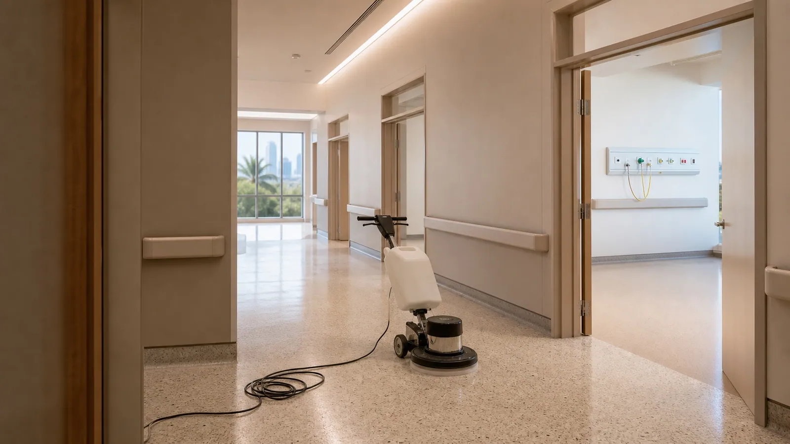Specialist medical clinic fit-out in Dubai Healthcare City with reception and clinical corridor