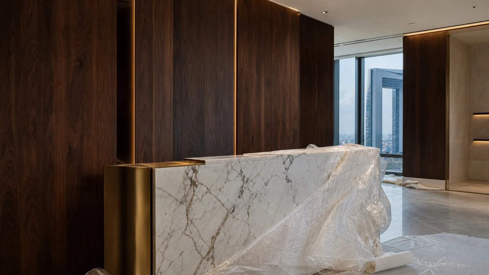 Premium financial-district office fit-out in DIFC with the Gate building in view
