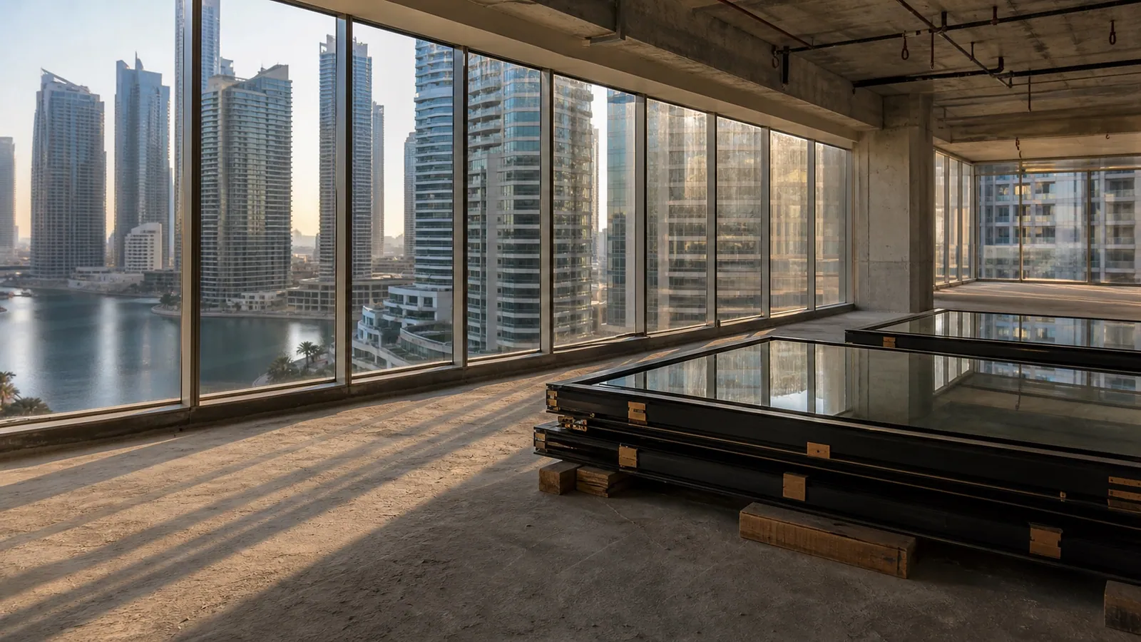 Office fit-out installation inside a Jumeirah Lakes Towers high-rise with lake views