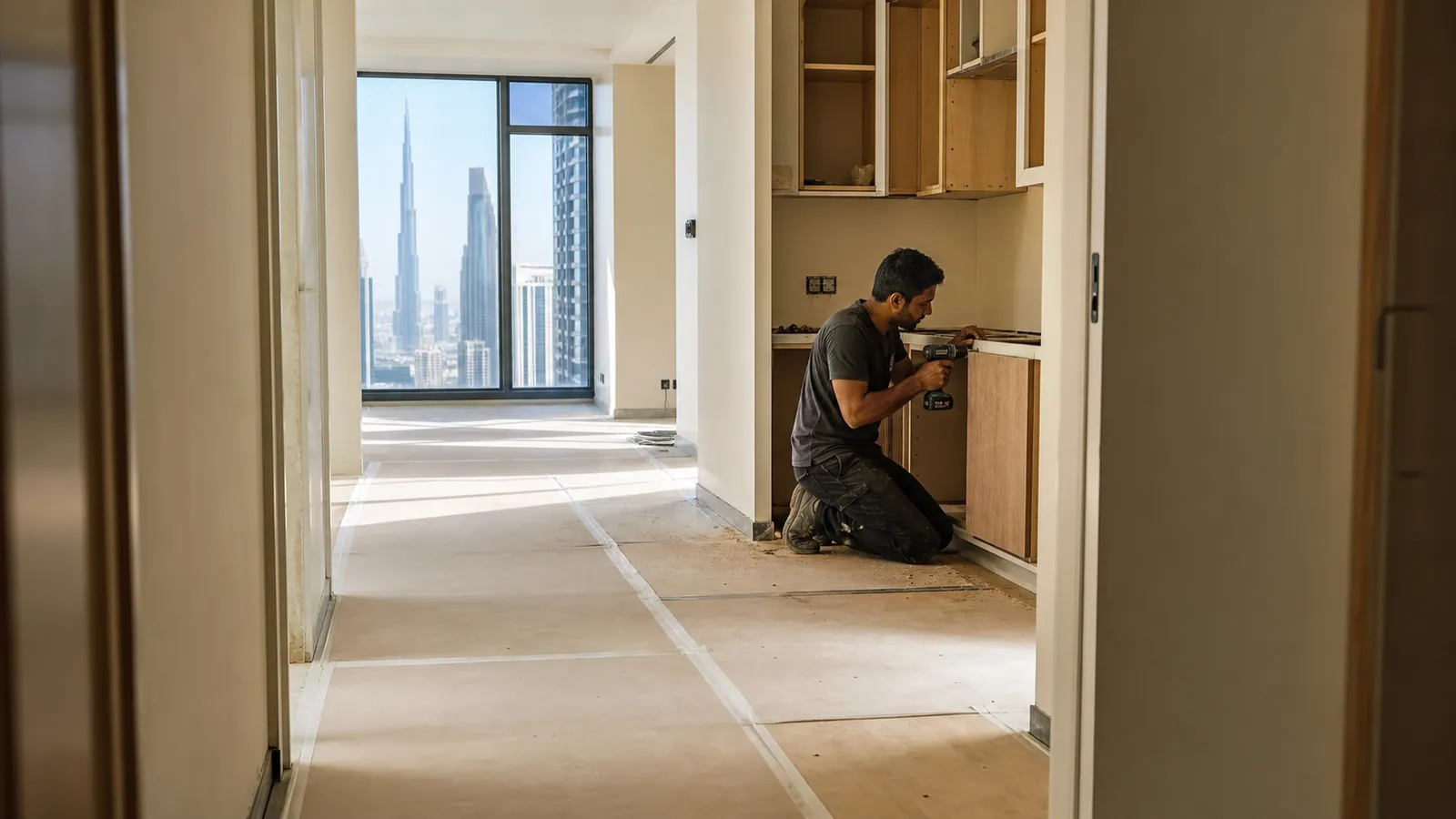 Apartment renovation works in a Downtown Dubai tower with Burj Khalifa visible through the window