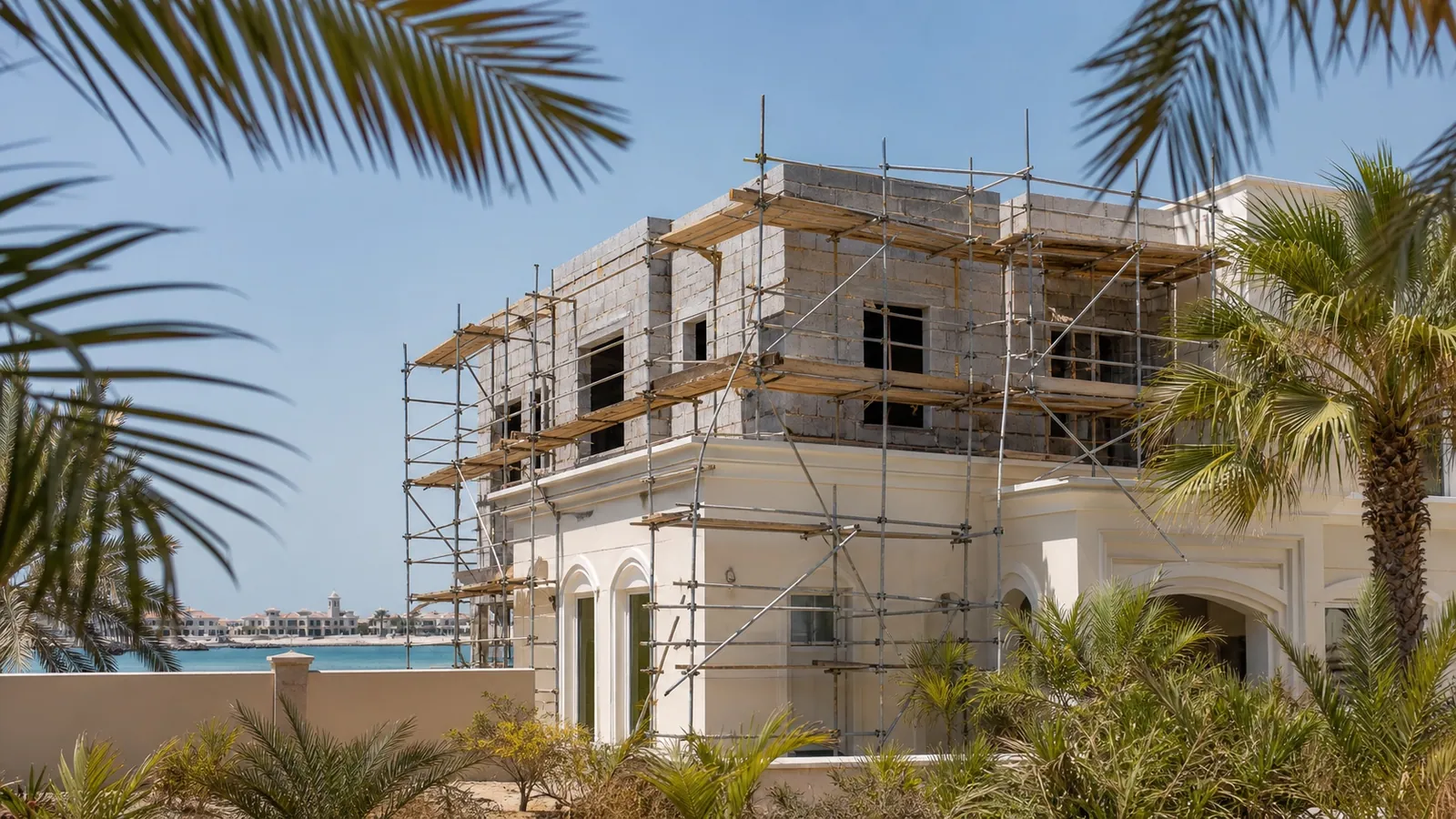Villa extension construction in a Nakheel master community with palm-lined street