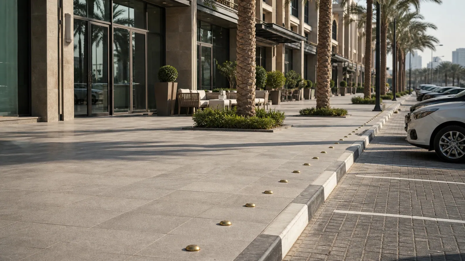 Street-level retail frontage on a Dubai road with marked parking and access works