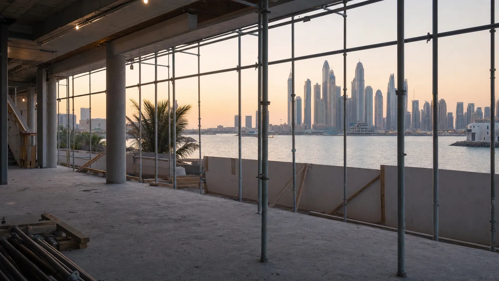 Beachfront restaurant fit-out under construction on Palm Jumeirah with Dubai skyline behind