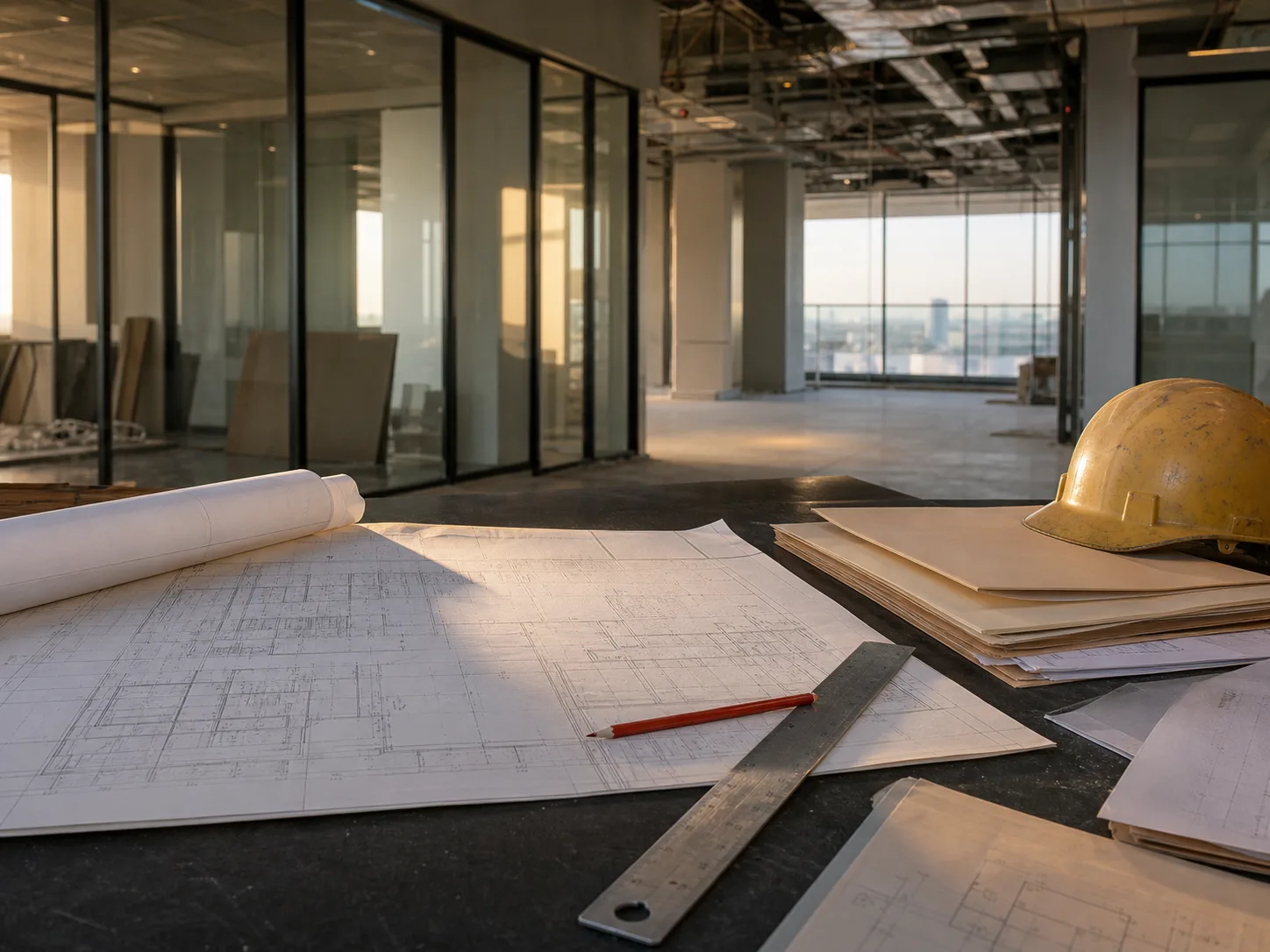 Fit-out drawings and permit folders on a site-review desk