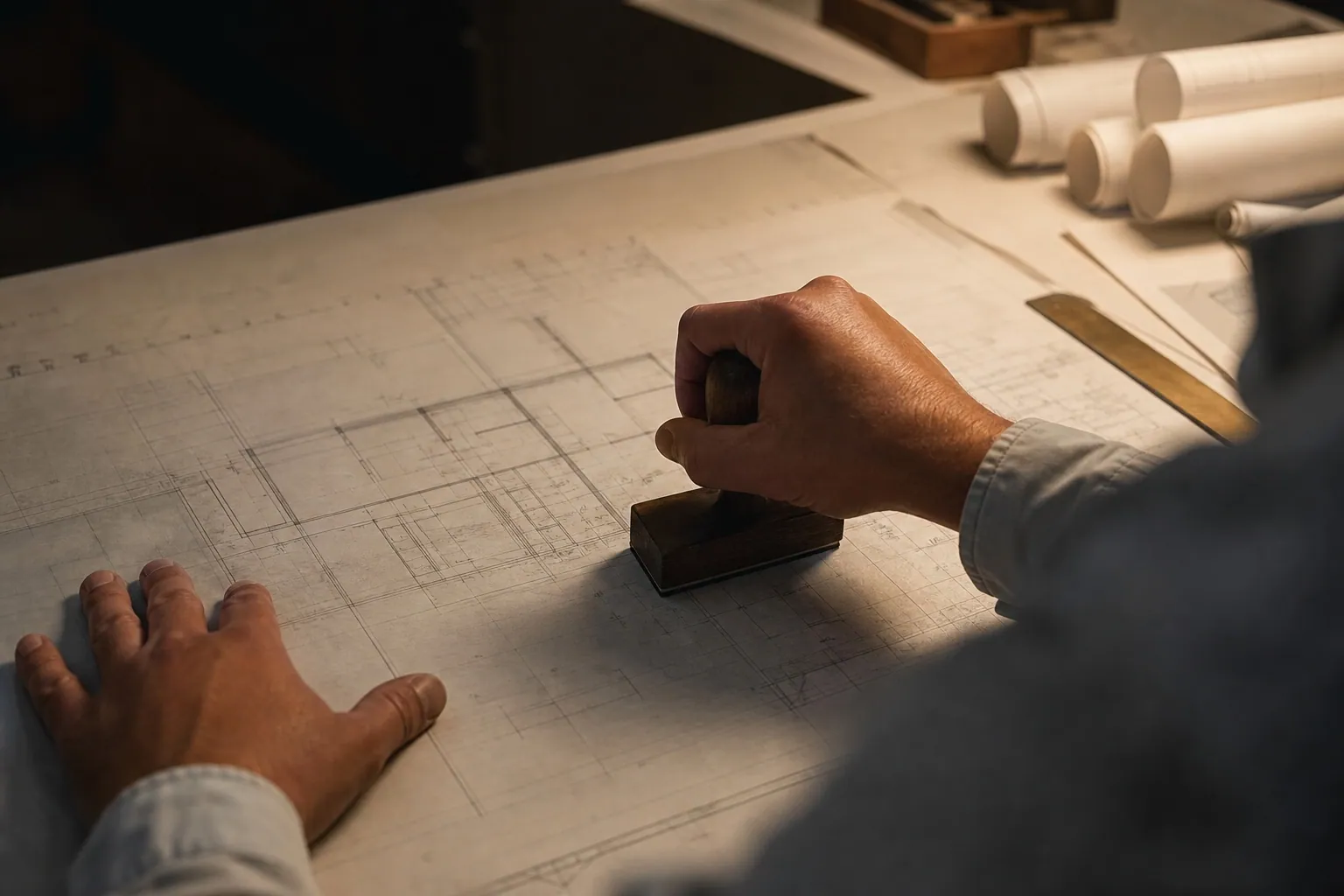 Engineer stamping approved fit-out drawings at a drafting desk