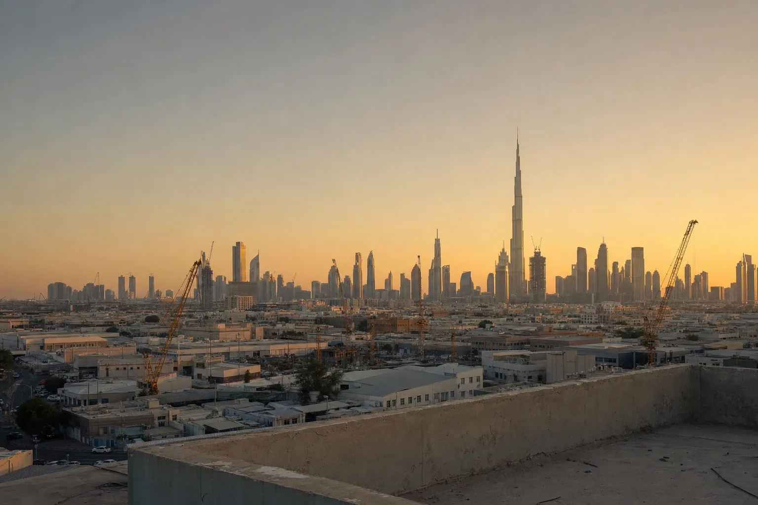 Dubai skyline at golden hour spanning mainland and free-zone districts