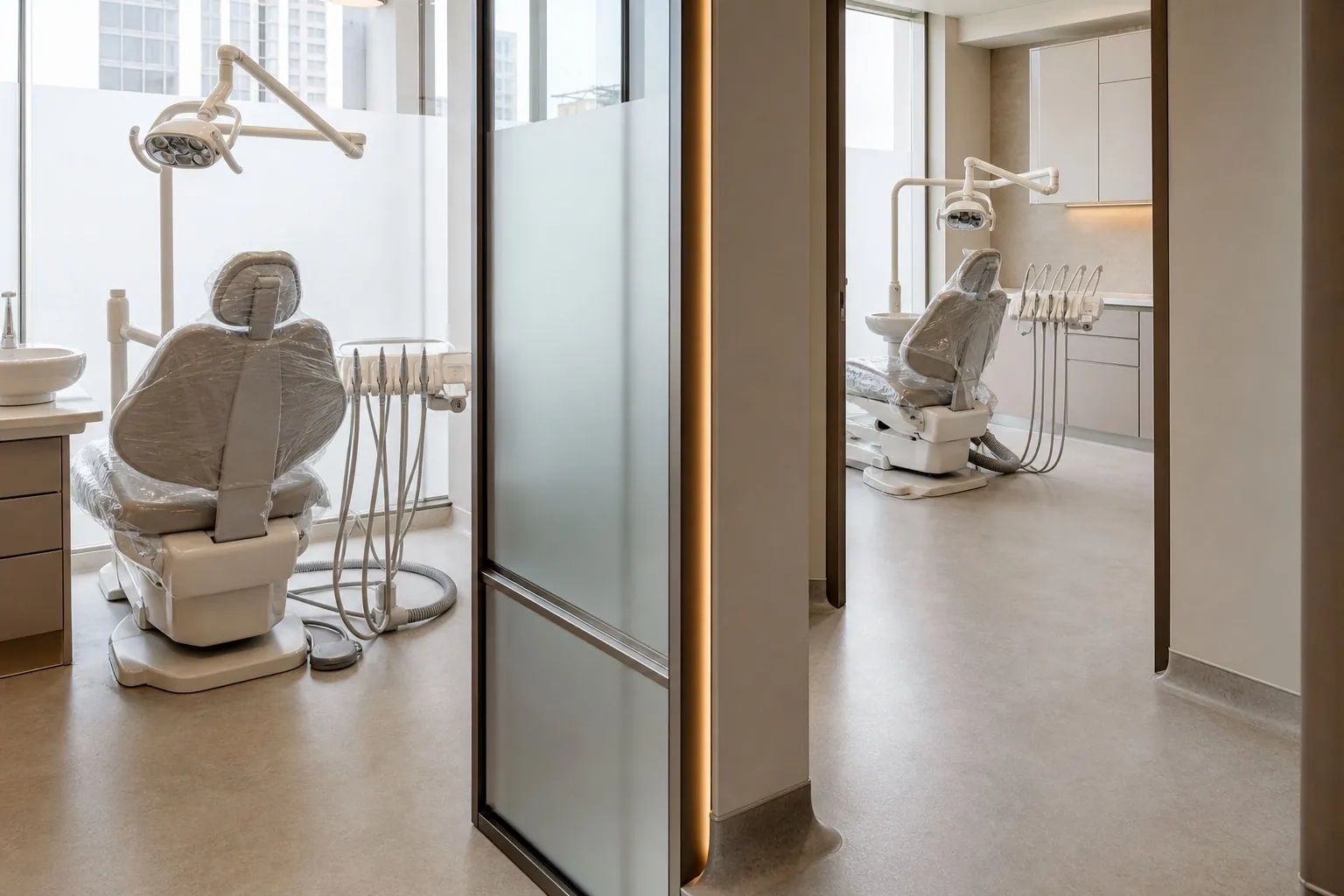 Dental clinic fit-out in Dubai with treatment chairs installed and clinical lighting