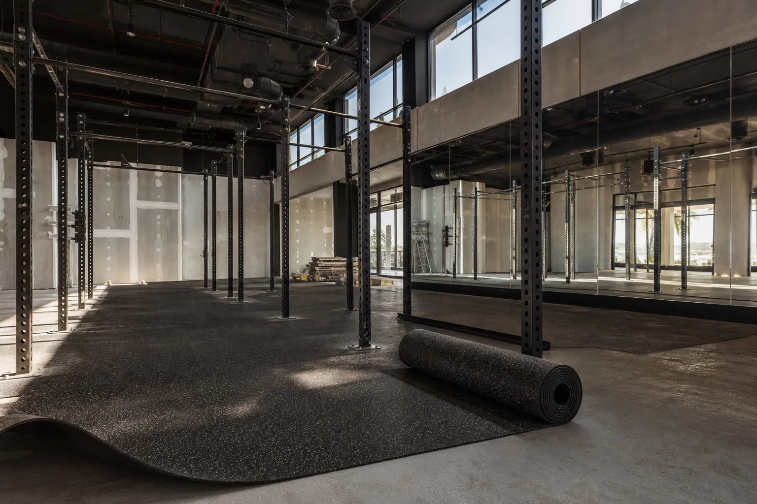 Boutique fitness studio fit-out in Dubai with rubber flooring and rigs being installed