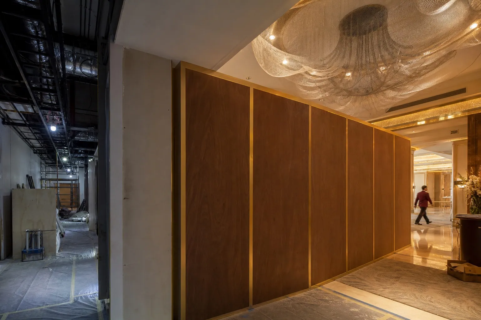 Hotel lobby renovation in Dubai with hoarding separating works from operating guest areas