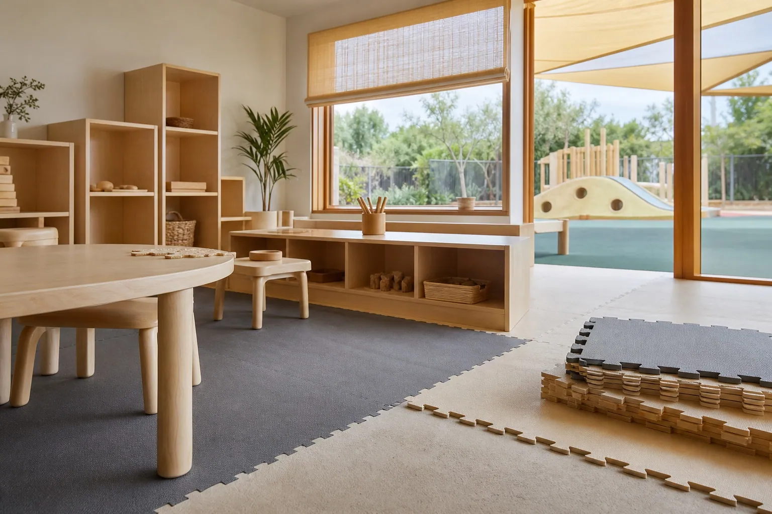Bright nursery classroom fit-out in Dubai with child-scale furniture and soft flooring installed