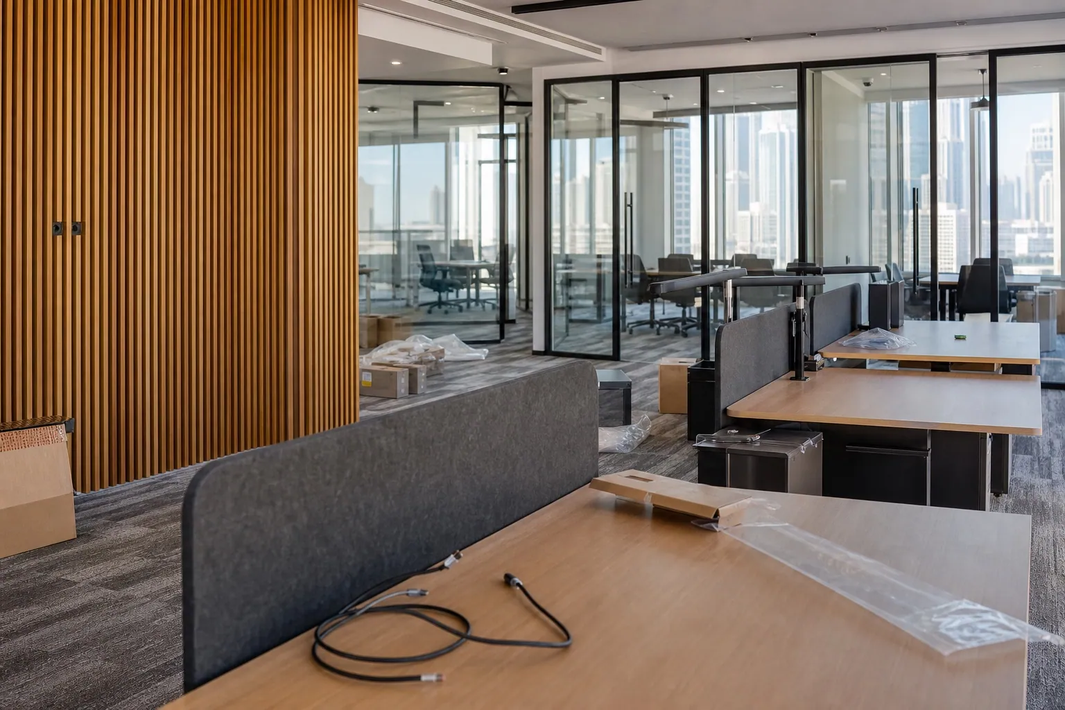 Contemporary Dubai office fit-out with glazed meeting rooms and open workspace nearing completion
