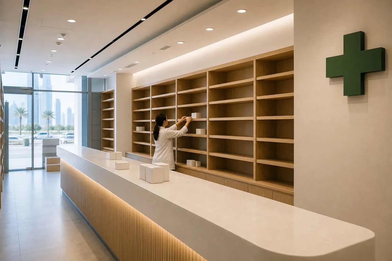 Modern pharmacy fit-out in Dubai with dispensing counter and medicine shelving being stocked
