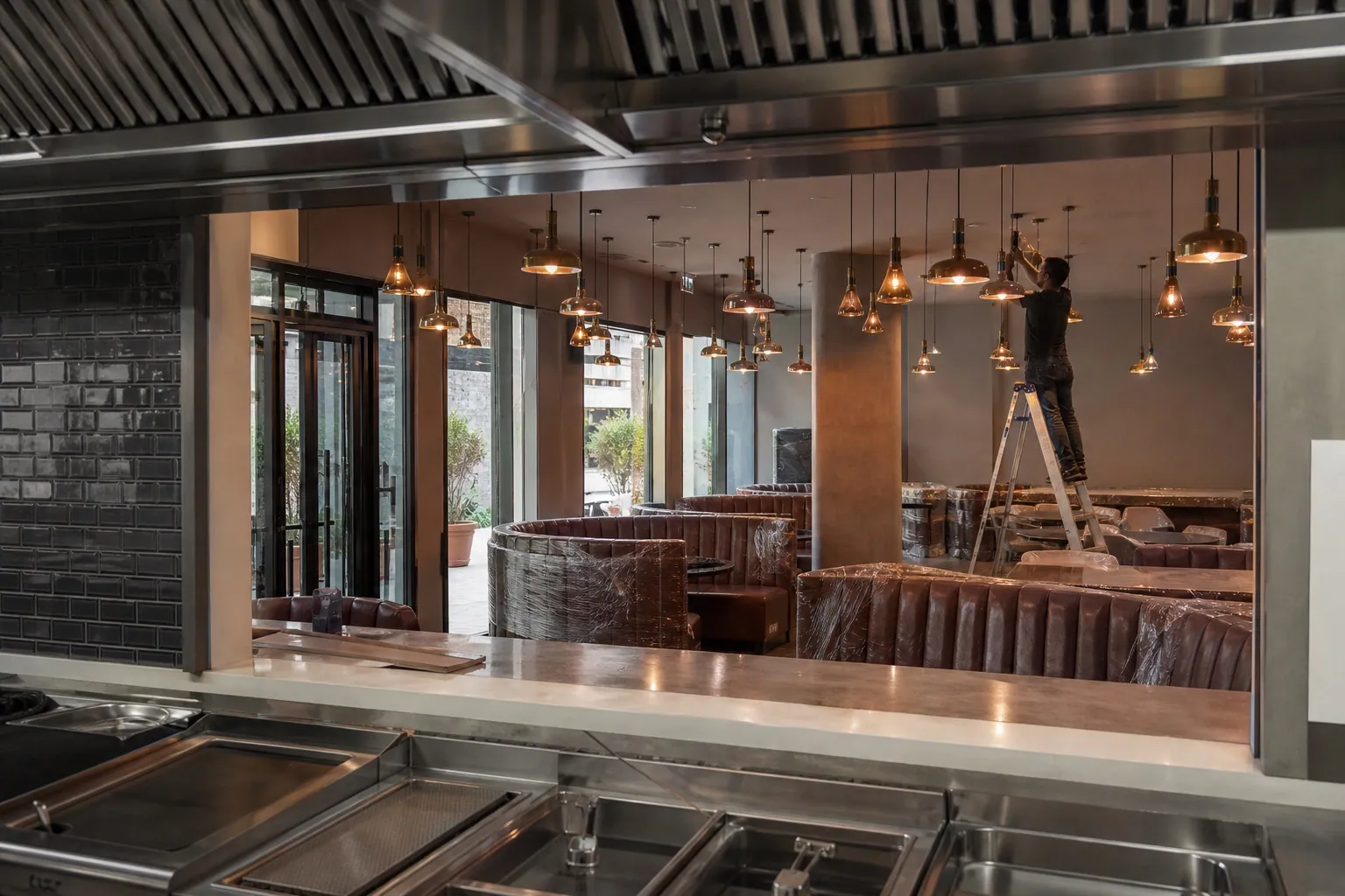 Restaurant fit-out in Dubai with open commercial kitchen line and dining area under final styling
