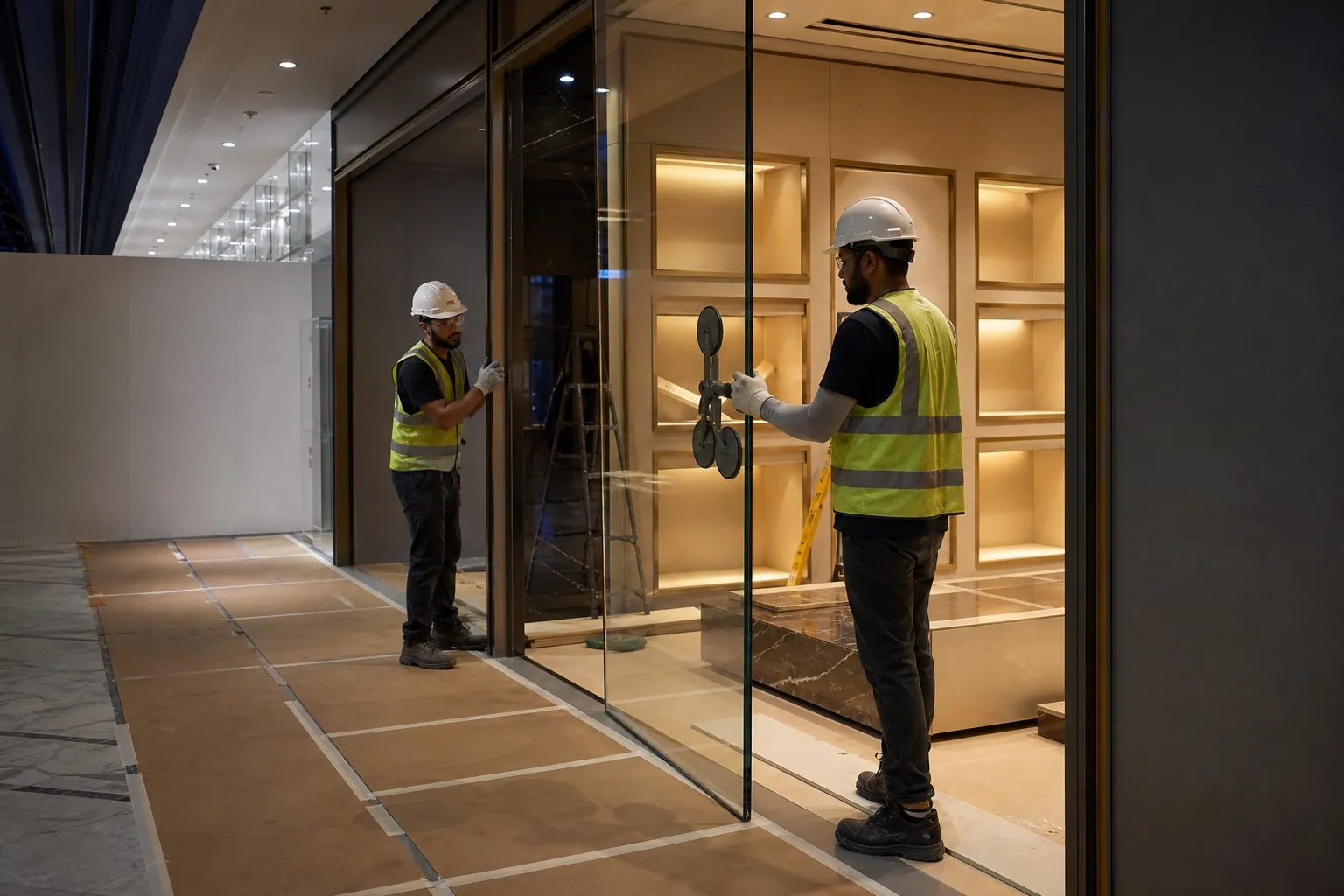 High-end retail store fit-out in a Dubai mall with shopfront glazing being installed