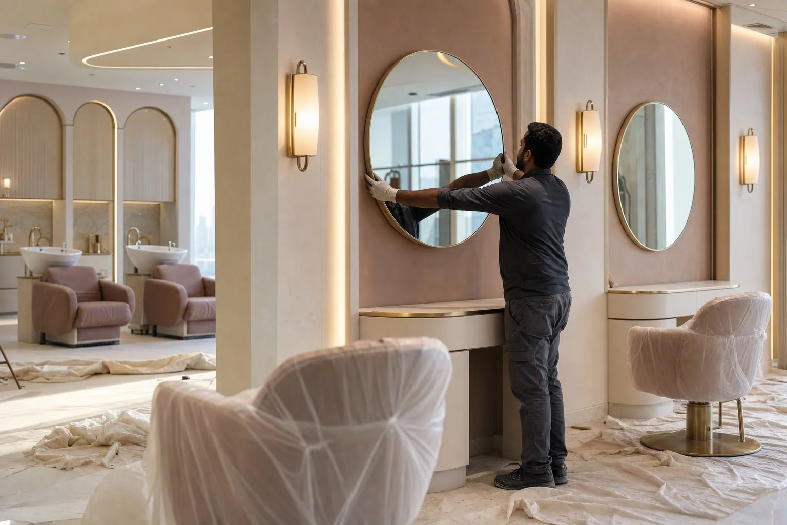 Beauty salon fit-out in Dubai with styling stations, mirrors and wash units being installed
