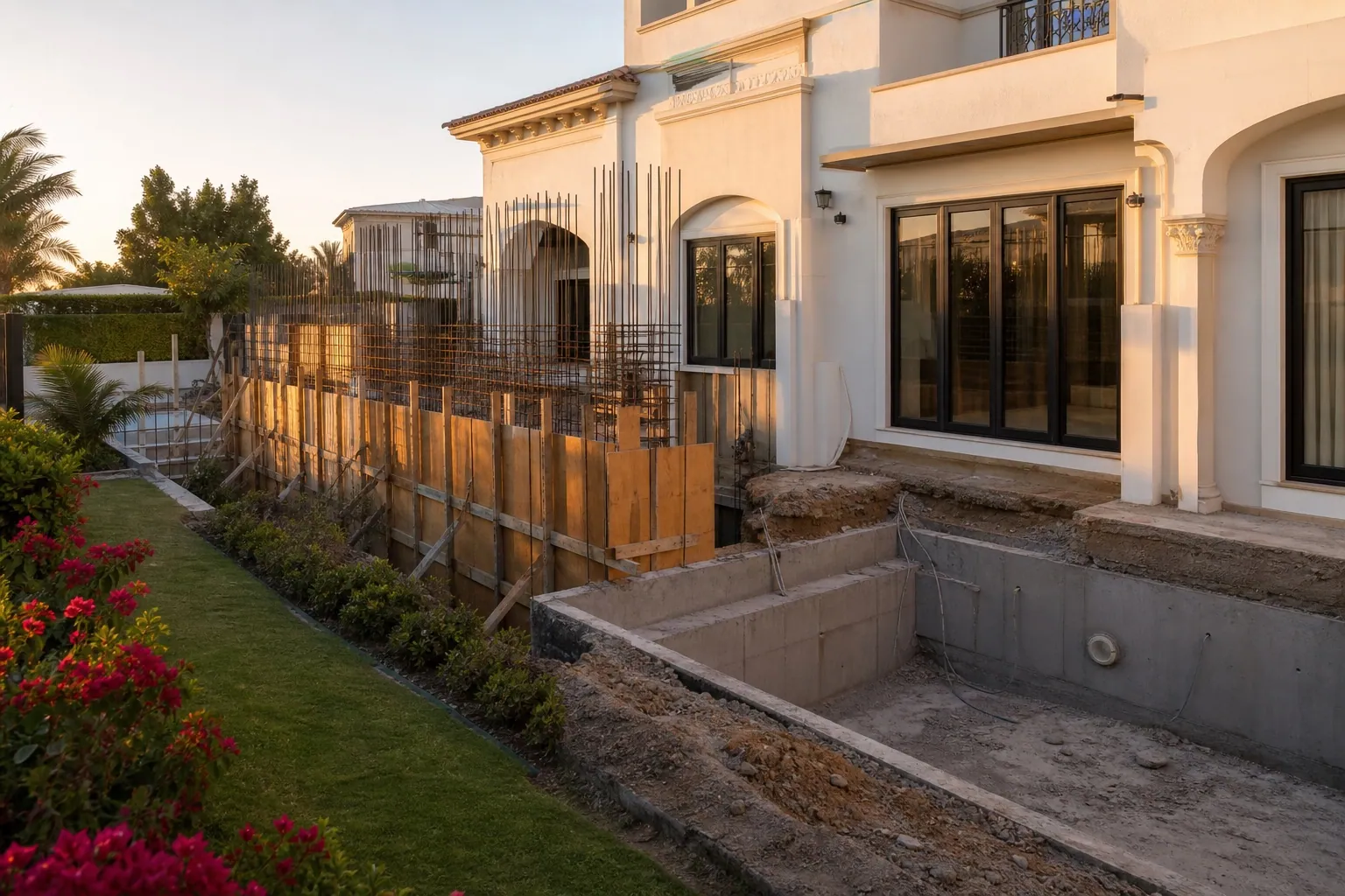 Luxury Dubai villa renovation with new extension formwork and landscaped garden works