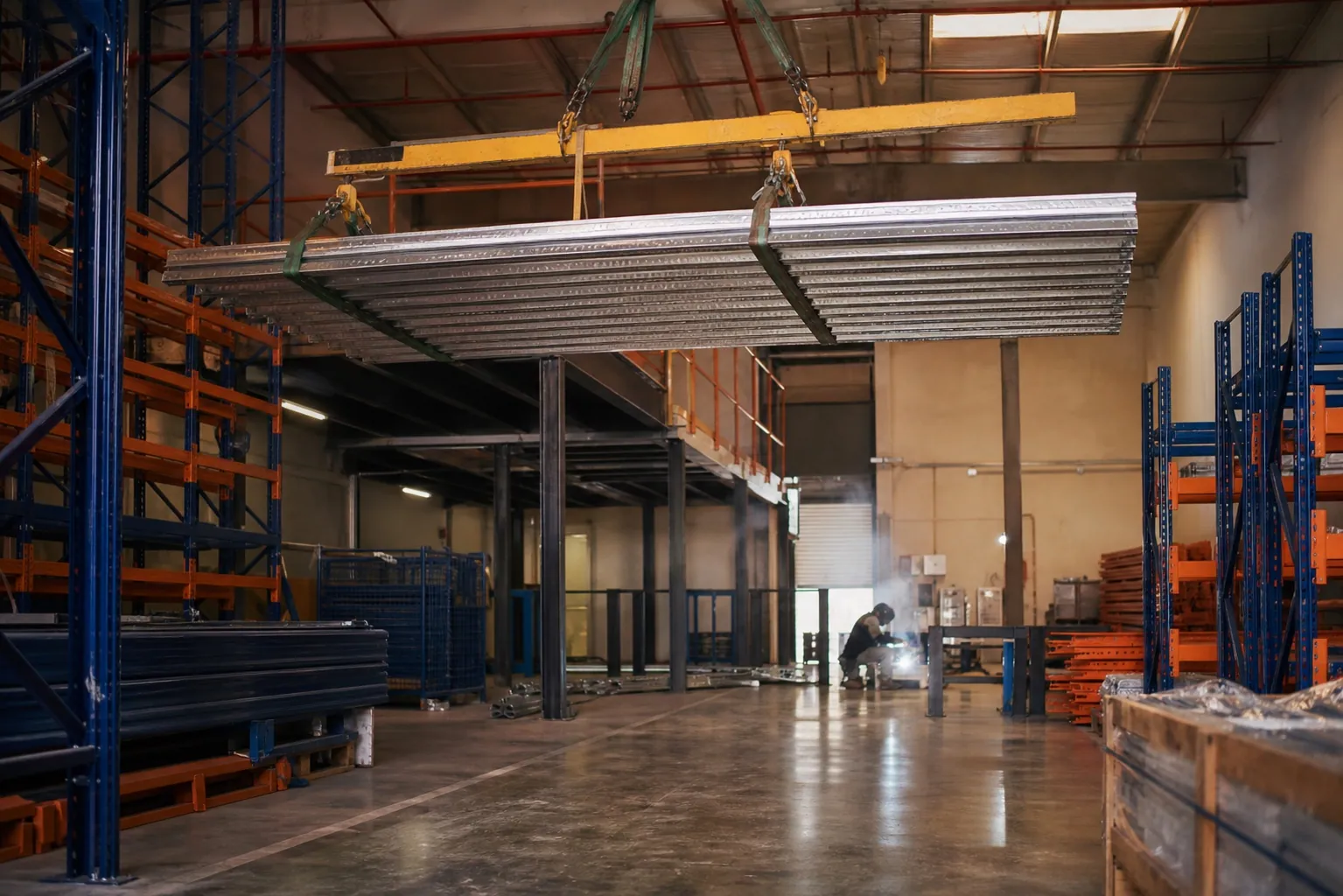 Warehouse mezzanine steel structure being erected inside a Dubai industrial facility
