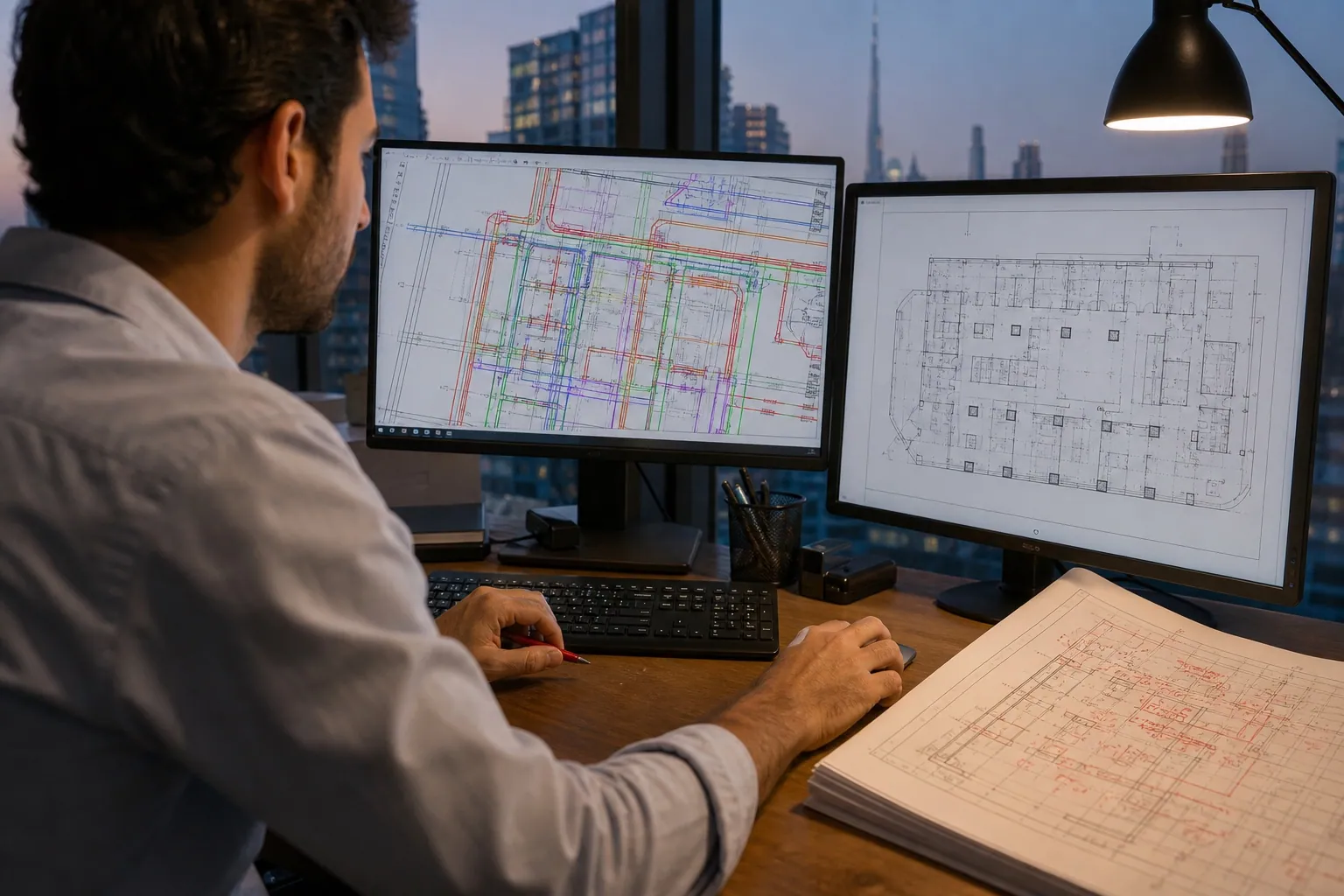 Architect drafting coordinated MEP and architectural fit-out drawings on large monitors