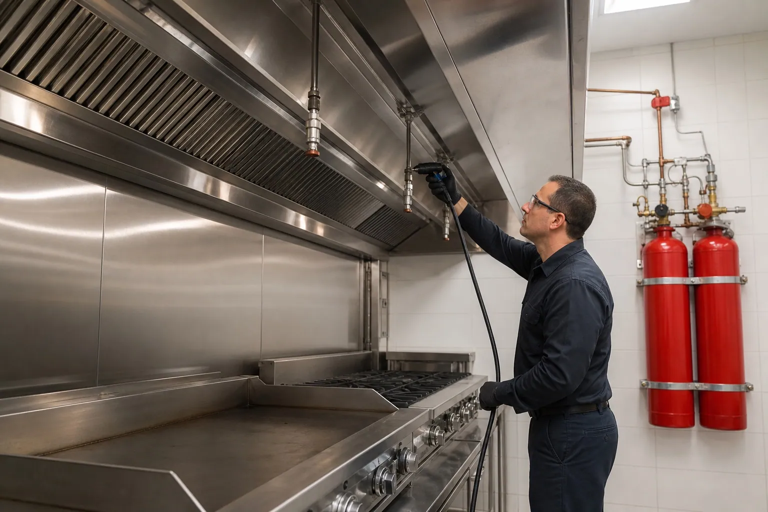 Fire suppression system above a commercial kitchen line during installation and testing