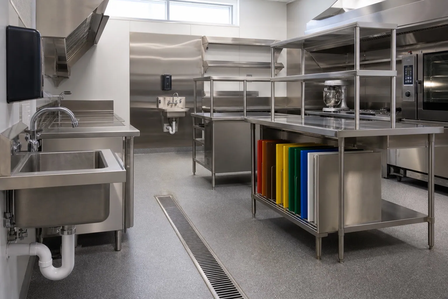 Commercial kitchen layout with stainless steel prep lines arranged for compliant food flow