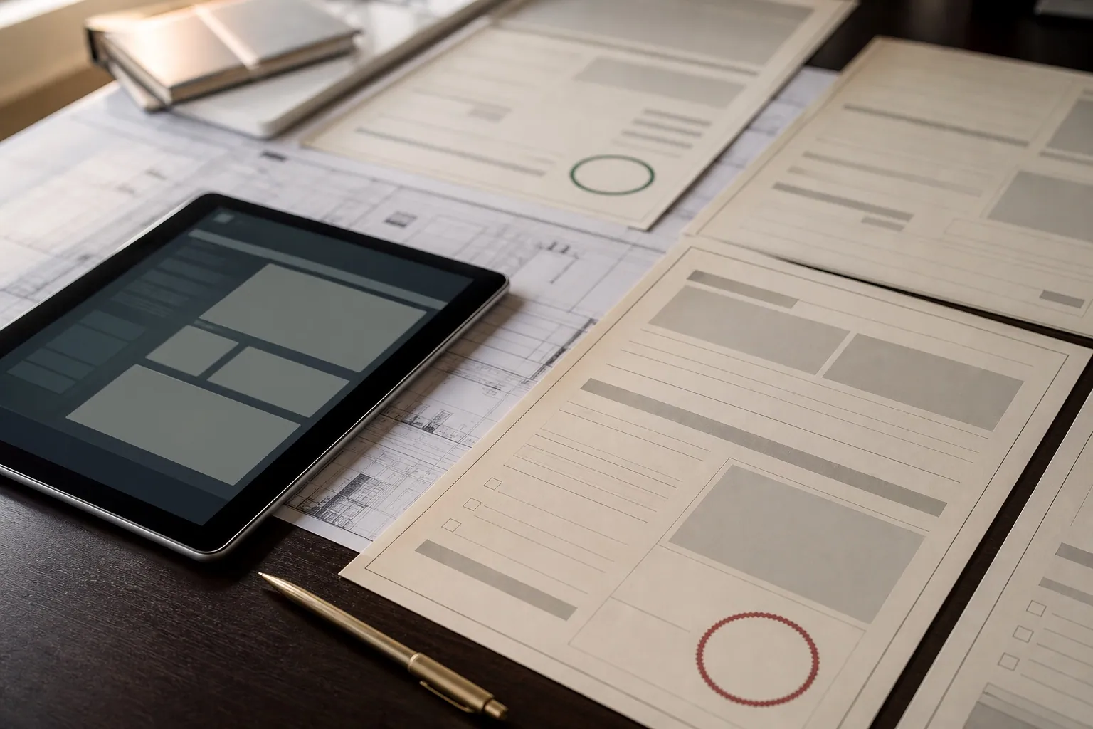 Permit consultant reviewing a stamped approval package across a desk of fit-out drawings