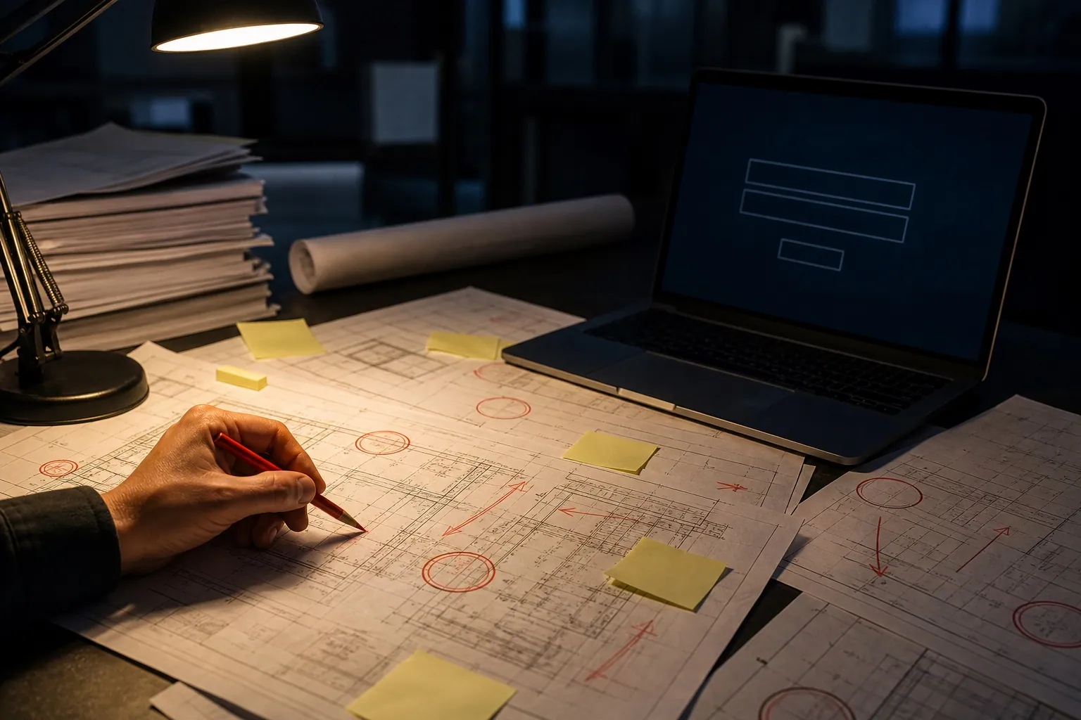 Consultant auditing a rejected permit file with marked-up drawings and authority comment sheets