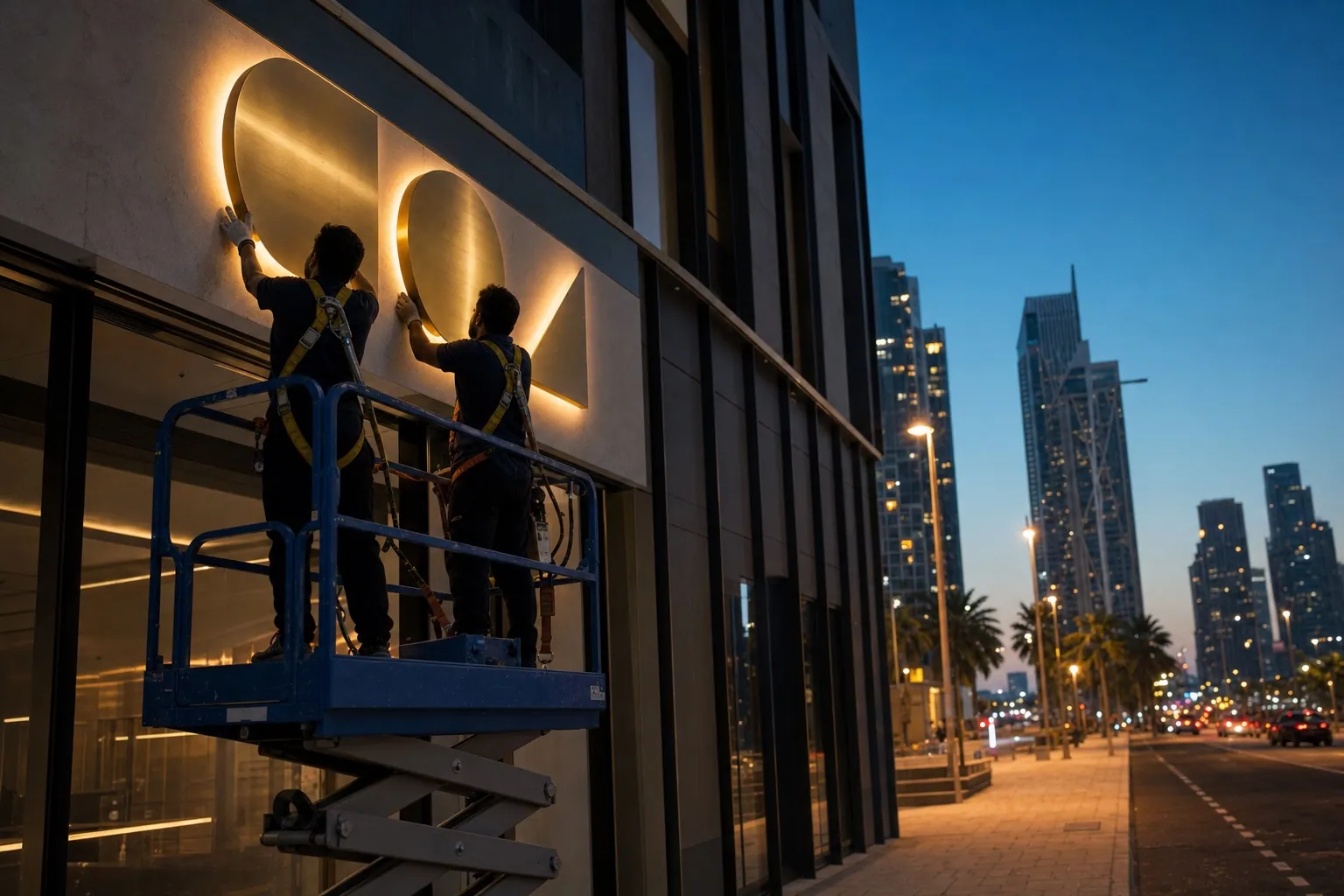 Illuminated shopfront sign being installed on a Dubai retail facade with a crane at dusk